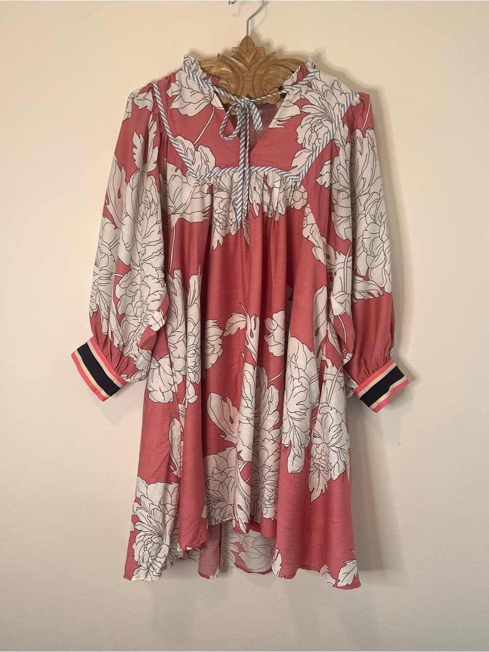 Entro Pink Floral Peasant Dress Medium Boho Puff Sleeve Tie Neck Boutique
